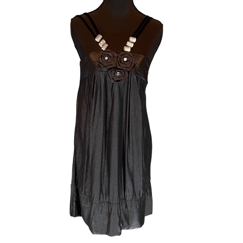 Vtg Black Sm  Rosette Rhinestone Smocked Babydoll Cocktail Dress Whimsigoth Y2K‎